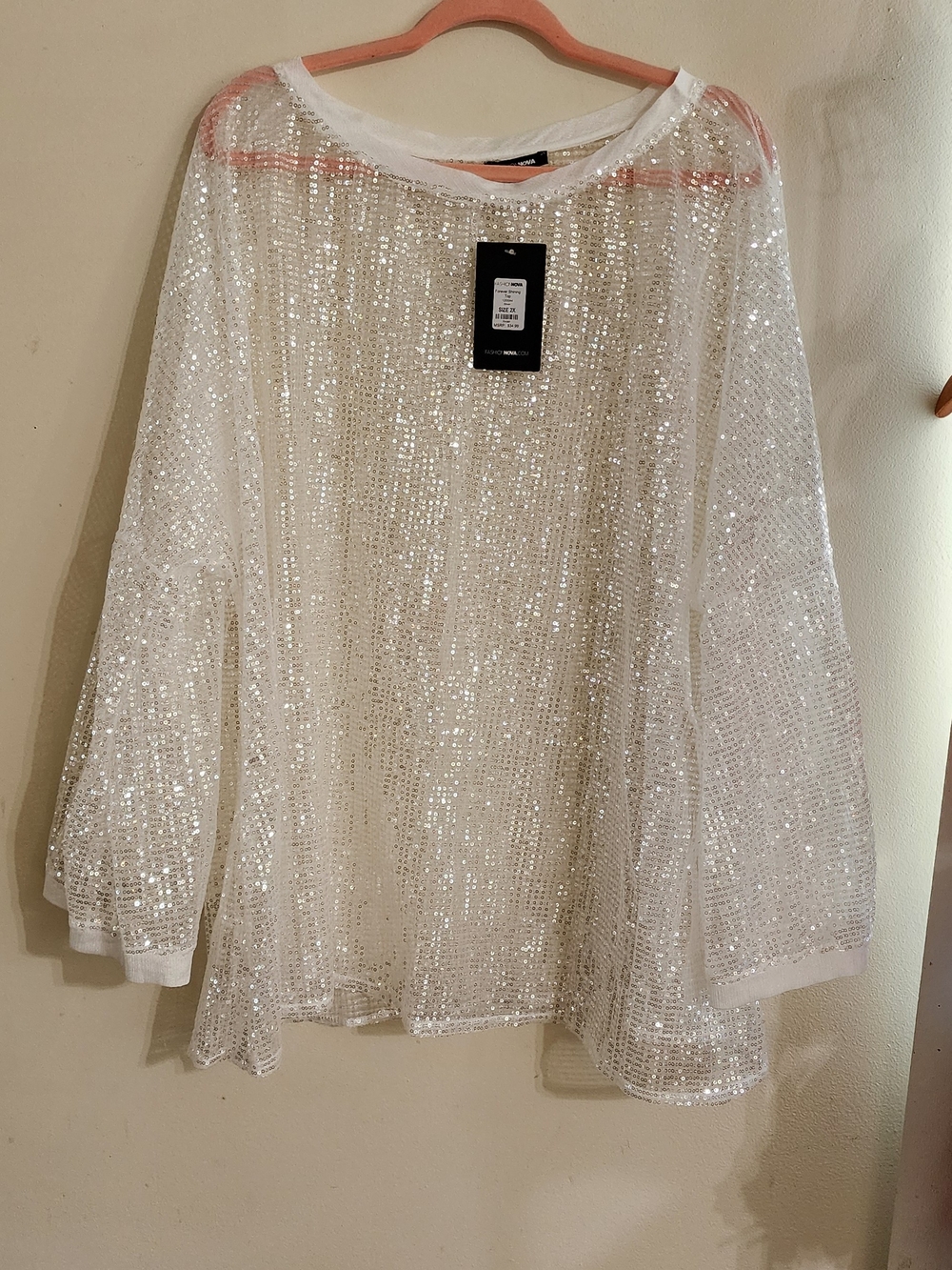 NWT Fashion Nova Forever Shining White Sequin Mesh Long Sleeve Top Plus Size 2X